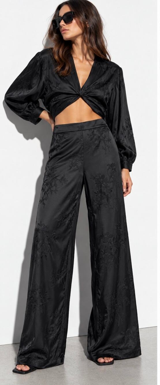 ZARA Black Satin Floral Embroidered Wide Leg Pants S NWT